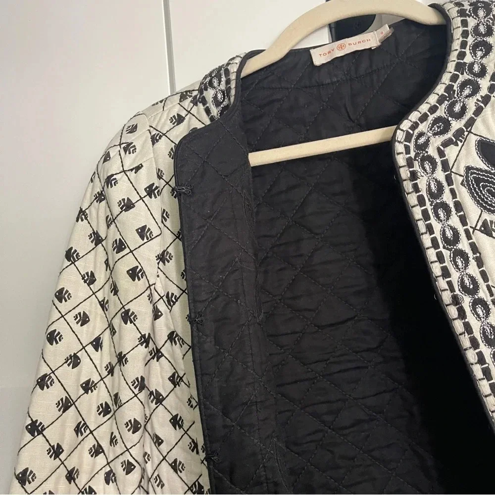 Tory Burch Jacket Quilted Tilda Embroidered Fish‎ Floral Jacket Patchwork Ivory